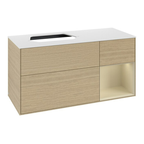 V&B Meuble sous lavabo Finion 120 cm, blanc mat, poignée droite, gris mat laqué, ouverture ven