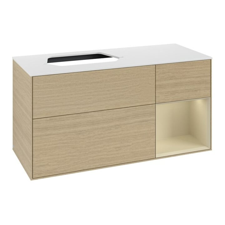 V&B Meuble sous lavabo Finion 120 cm, blanc mat, poignée droite, gris mat laqué, ouverture ven