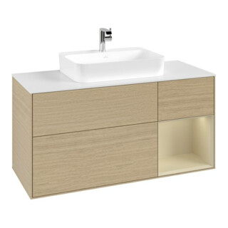 V&B Meuble sous lavabo Finion 120 cm, blanc mat, poignée droite, gris mat laqué, ouverture ven