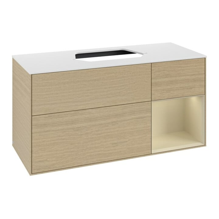 V&B Meuble sous lavabo Finion 120 cm, blanc mat, poignée droite, gris mat laqué, ouverture ven
