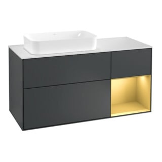 V&B Meuble sous lavabo Finion 120 cm, blanc mat, poignée droite, miroir bleu mat laqué