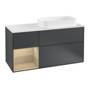 V&B Meuble sous lavabo Finion 120 cm, blanc mat, poignée en chêne, avec miroir, avec éclairage LED