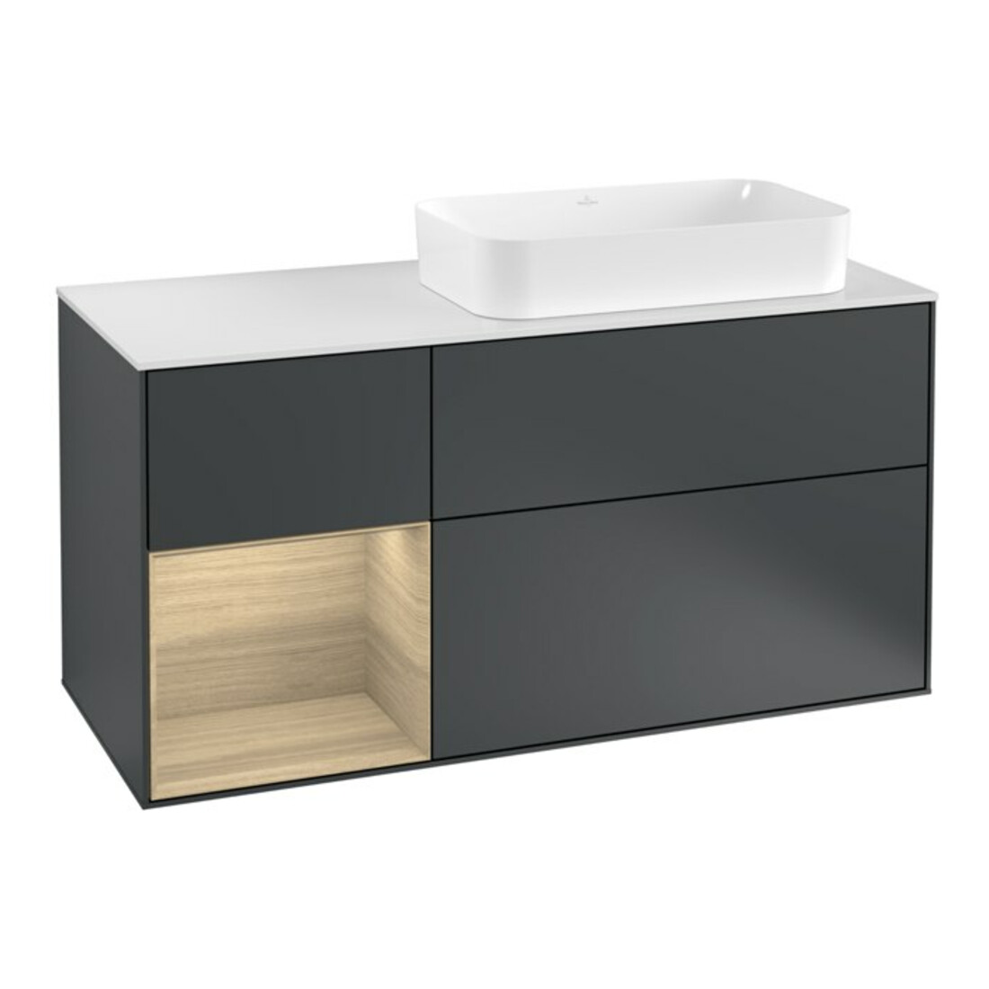 V&B Meuble sous lavabo Finion 120 cm, blanc mat, poignée en chêne, avec miroir, avec éclairage LED