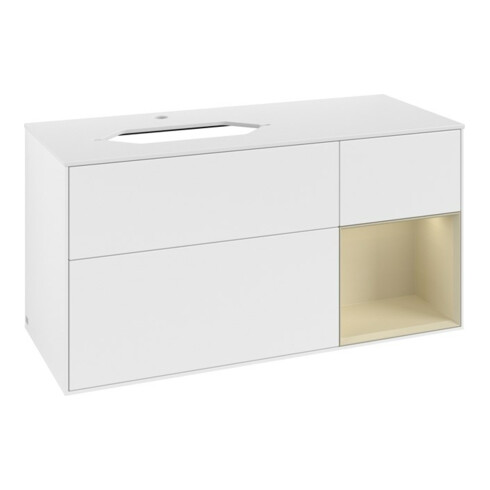 V&B Meuble sous lavabo Finion 120 cm, blanc mat, poignée en laiton, blanc laqué