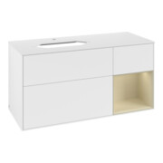 V&B Meuble sous lavabo Finion 120 cm, blanc mat, poignée en laiton, blanc laqué