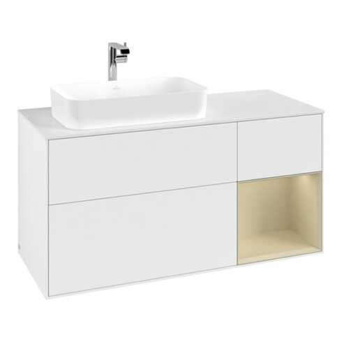 V&B Meuble sous lavabo Finion 120 cm, blanc mat, poignée en laiton, blanc laqué