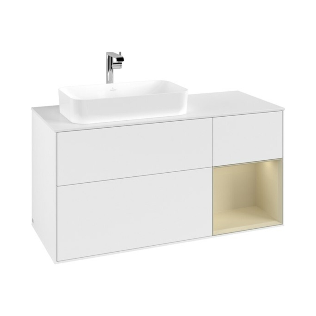 V&B Meuble sous lavabo Finion 120 cm, blanc mat, poignée en laiton, blanc laqué