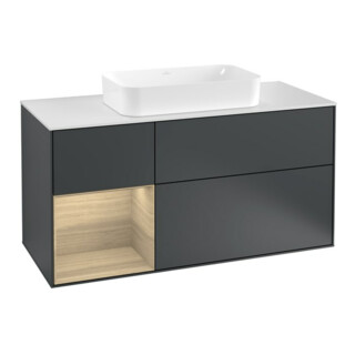 V&B Meuble sous lavabo Finion 120 cm, blanc mat, poignée en métal, avec façade laquée bleue