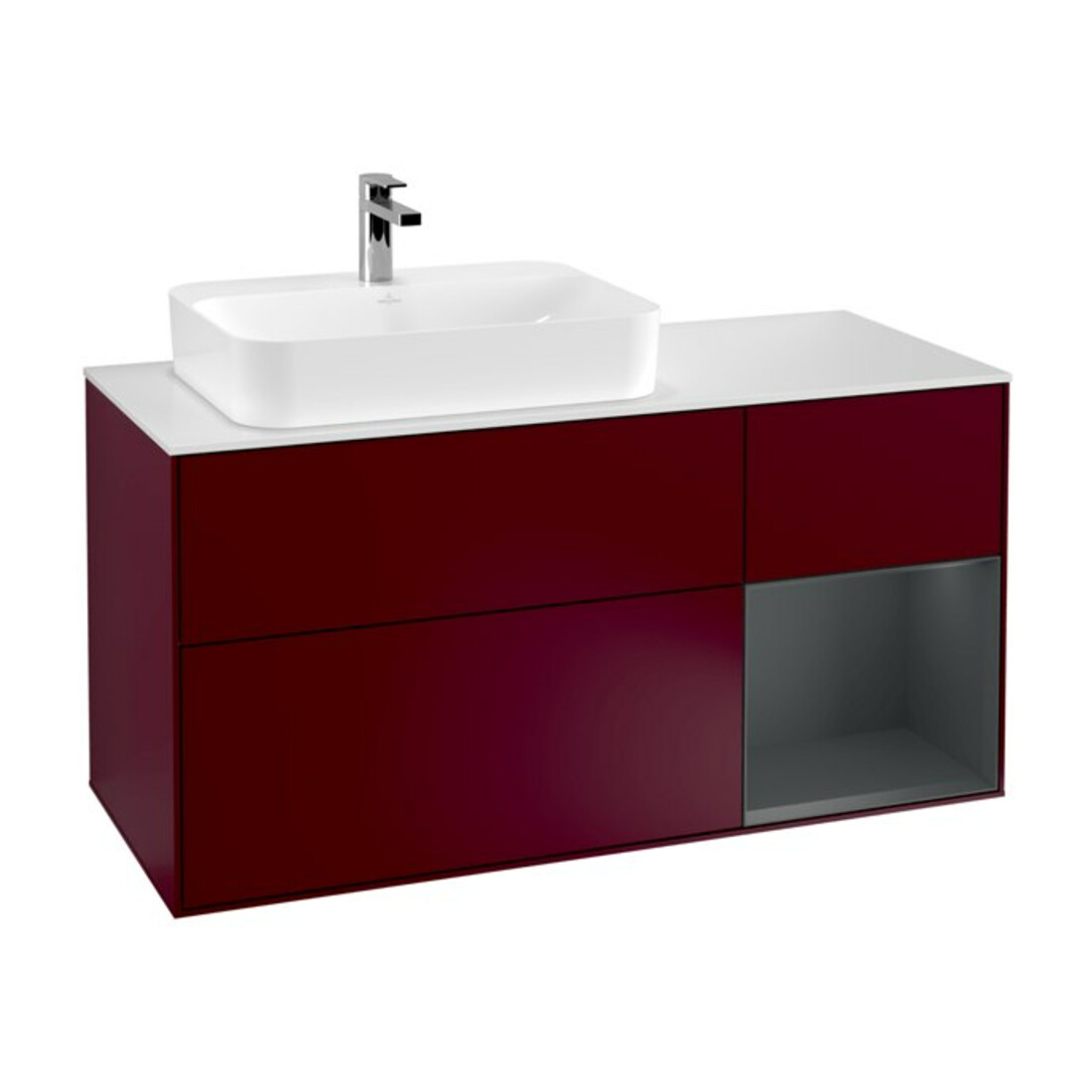 V&B Meuble sous lavabo Finion 120 cm, blanc mat, poignée en métal, avec laque, miroir avec éclairage