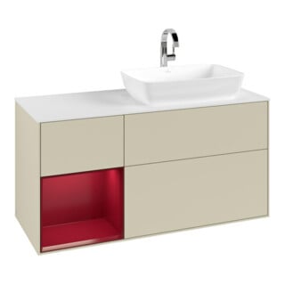 V&B Meuble sous lavabo Finion 120 cm, blanc mat, poignée en métal laqué, gris mat laqué