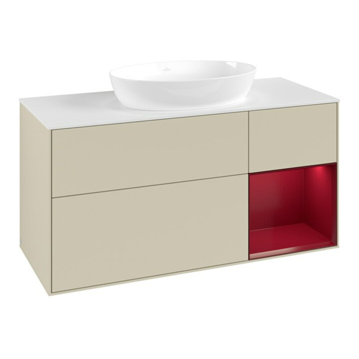 V&B Meuble sous lavabo Finion 120 cm, blanc mat, poignée en métal laqué, gris satin mat laqué