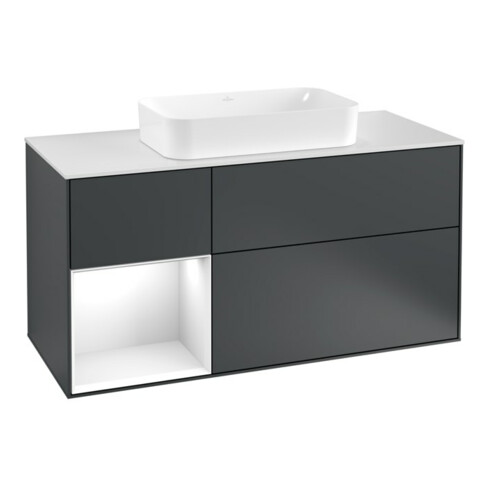 V&B Meuble sous lavabo Finion 120 cm, blanc mat, poignée laiton, avec miroir laqué bleu