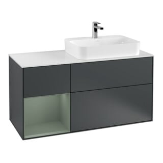 V&B Meuble sous lavabo Finion 120 cm, blanc mat, poignée laiton, avec tiroirs, laqué mat