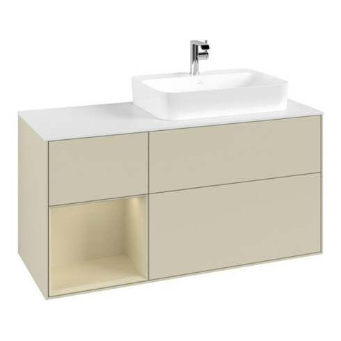V&B Meuble sous lavabo Finion 120 cm, blanc mat, poignée laiton, laiton satiné