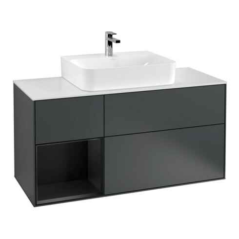 V&B Meuble sous lavabo Finion 120 cm, blanc mat, poignée laiton, mat bleu avec laque
