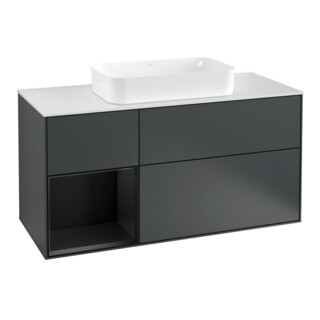 V&B Meuble sous lavabo Finion 120 cm, blanc mat, poignée laiton, miroir bleu mat avec laque