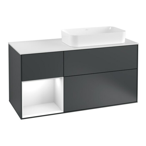 V&B Meuble sous lavabo Finion 120 cm, blanc mat, poignée laiton, miroir bleu mat laqué