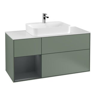 V&B Meuble sous lavabo Finion 120 cm, blanc mat, poignée laiton, olivier mat laqué