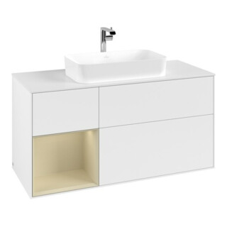 V&B Meuble sous lavabo Finion 120 cm, blanc mat, poignée latérale argent mat, laqué blanc