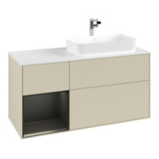V&B Meuble sous lavabo Finion 120 cm, blanc mat, poignée latérale bois laqué, gris mat laqué-3
