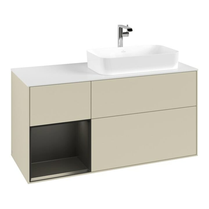 V&B Meuble sous lavabo Finion 120 cm, blanc mat, poignée latérale bois laqué, gris mat laqué