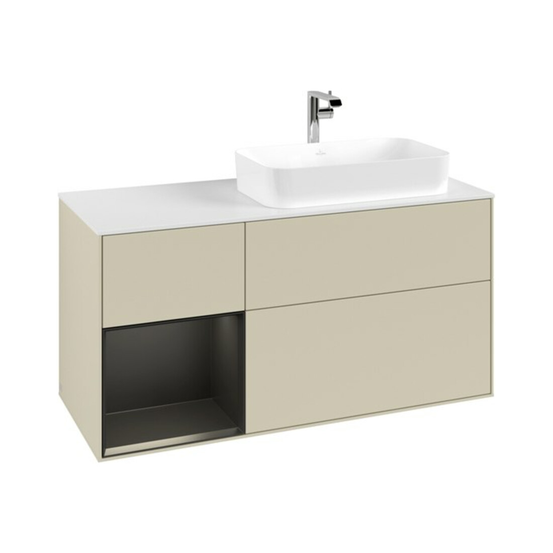 V&B Meuble sous lavabo Finion 120 cm, blanc mat, poignée latérale bois laqué, gris mat laqué
