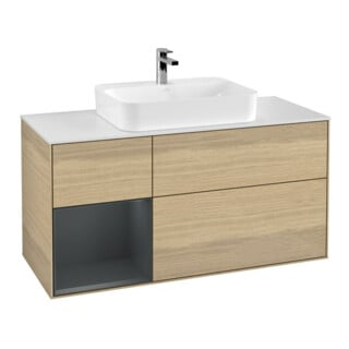 V&B Meuble sous lavabo Finion 120 cm, blanc mat, poignée latérale médiane bleu mat, laqué, ouverture à ventouse
