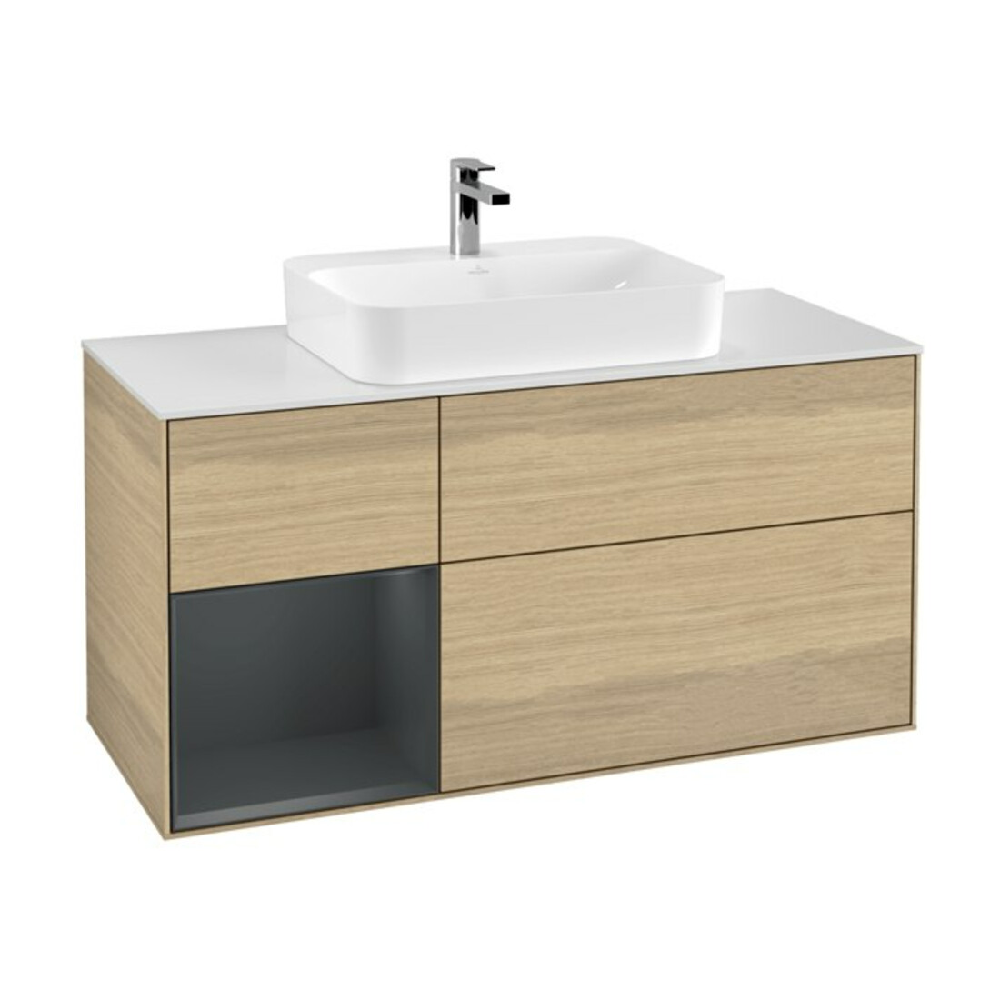 V&B Meuble sous lavabo Finion 120 cm, blanc mat, poignée latérale médiane bleu mat, laqué, ouverture à ventouse