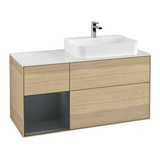 V&B Meuble sous lavabo Finion 120 cm, blanc mat, poignée latérale médiane bleue, laqué, ouverture à pression