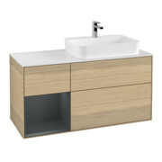 V&B Meuble sous lavabo Finion 120 cm, blanc mat, poignée latérale médiane bleue, laqué, ouverture à pression
