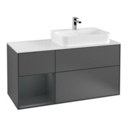 V&B Meuble sous lavabo Finion 120 cm, blanc mat, poignée latérale, montage à droite, miroir