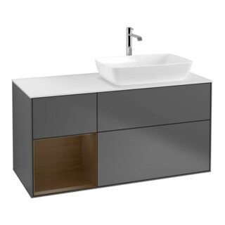 V&B Meuble sous-lavabo Finion 120 cm, blanc mat, poignée noyer, anthracite mat