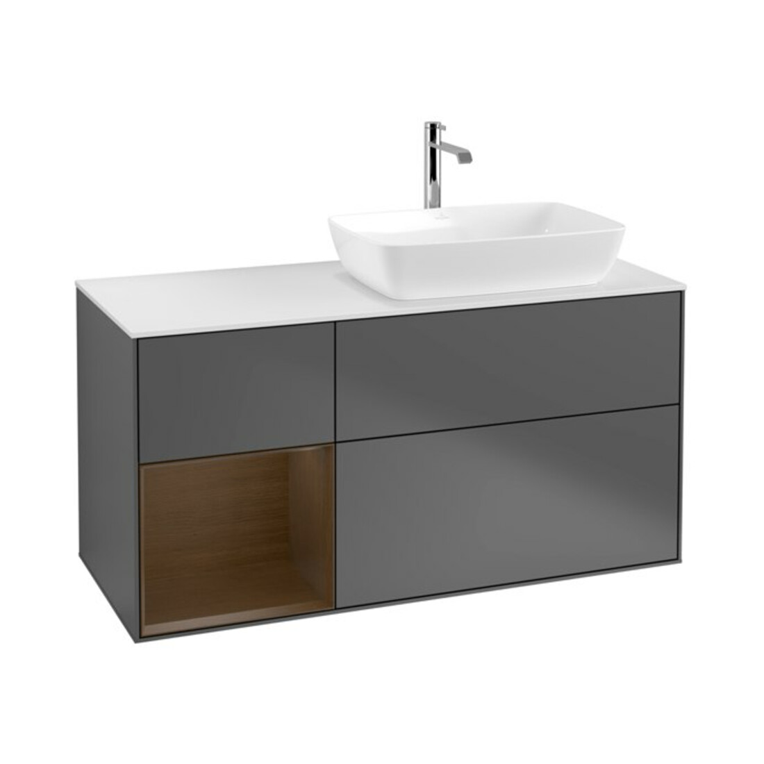 V&B Meuble sous-lavabo Finion 120 cm, blanc mat, poignée noyer, anthracite mat