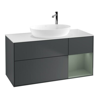 V&B Meuble sous lavabo Finion 120 cm, blanc mat, poignée olivier mat laqué, miroir bleu mat laqué