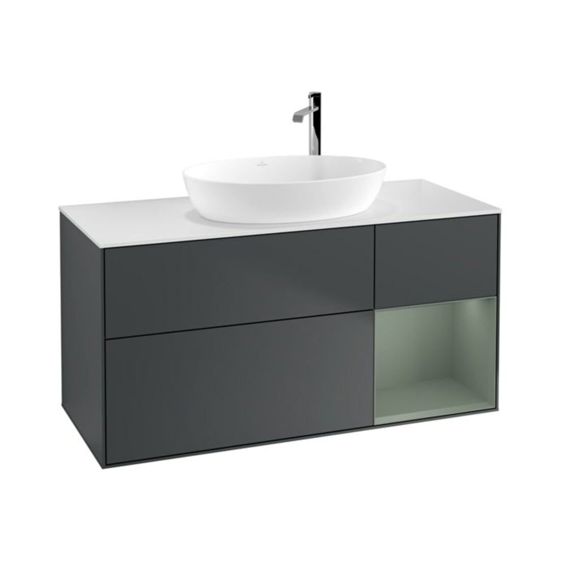 V&B Meuble sous lavabo Finion 120 cm, blanc mat, poignée olivier mat laqué, miroir bleu mat laqué