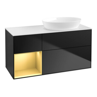V&B Meuble sous-lavabo Finion 120 cm, blanc mat, poignée or mat, bleu mat