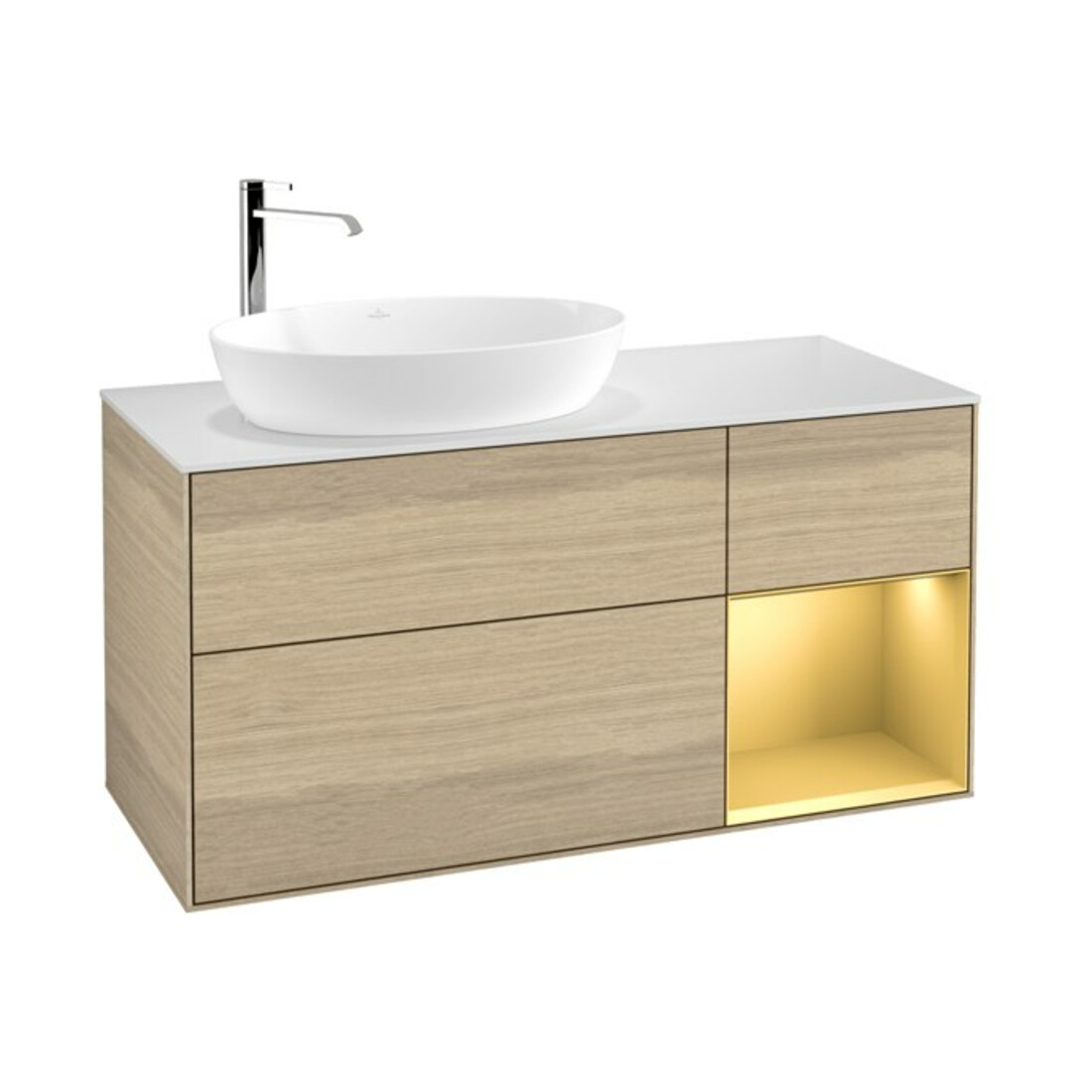 V&B Meuble sous lavabo Finion 120 cm, blanc mat, poignée or mat, chêne naturel