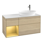 V&B Meuble sous lavabo Finion 120 cm, blanc mat, poignée or mat, éclairage mural