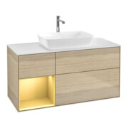 V&B Meuble sous lavabo Finion 120 cm, blanc mat, poignée or mat, éclairage mural Oa ven