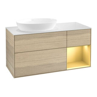 V&B Meuble sous lavabo Finion 120 cm, blanc mat, poignée or mat, finition veinée