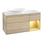 V&B Meuble sous lavabo Finion 120 cm, blanc mat, poignée or mat, finition veinée