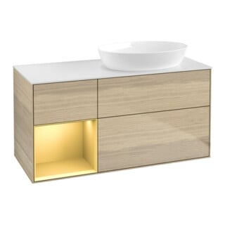 V&B Meuble sous lavabo Finion 120 cm, blanc mat, poignée or mat, finition venis