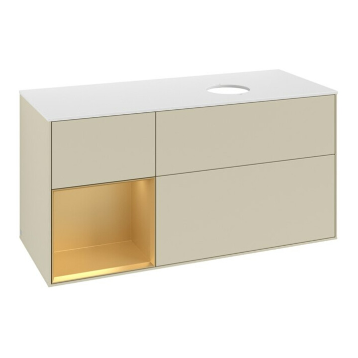 V&B Meuble sous lavabo Finion 120 cm, blanc mat, poignée or mat laqué, gris brillant mat laqué