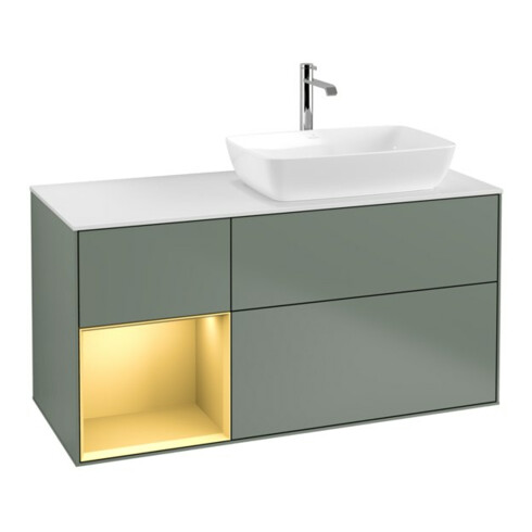 V&B Meuble sous lavabo Finion 120 cm, blanc mat, poignée or mat laqué, olivier mat laqué