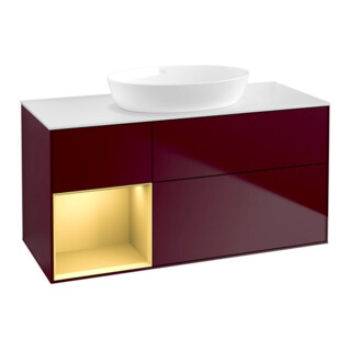 V&B Meuble sous lavabo Finion 120 cm, blanc mat, poignée or mat, miroir