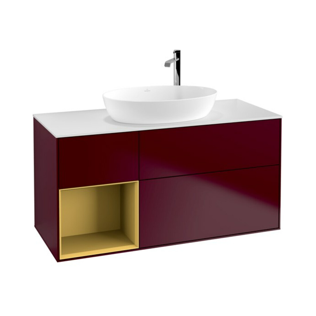 V&B Meuble sous-lavabo Finion 120 cm, blanc mat, poignée or mat, miroir m