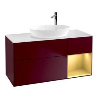 V&B Meuble sous lavabo Finion 120 cm, blanc mat, poignée or mat, miroir m