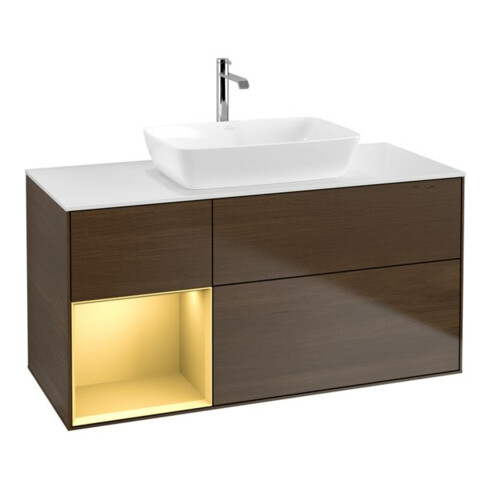 V&B Meuble sous lavabo Finion 120 cm, blanc mat, poignée or mat, noyer veinée