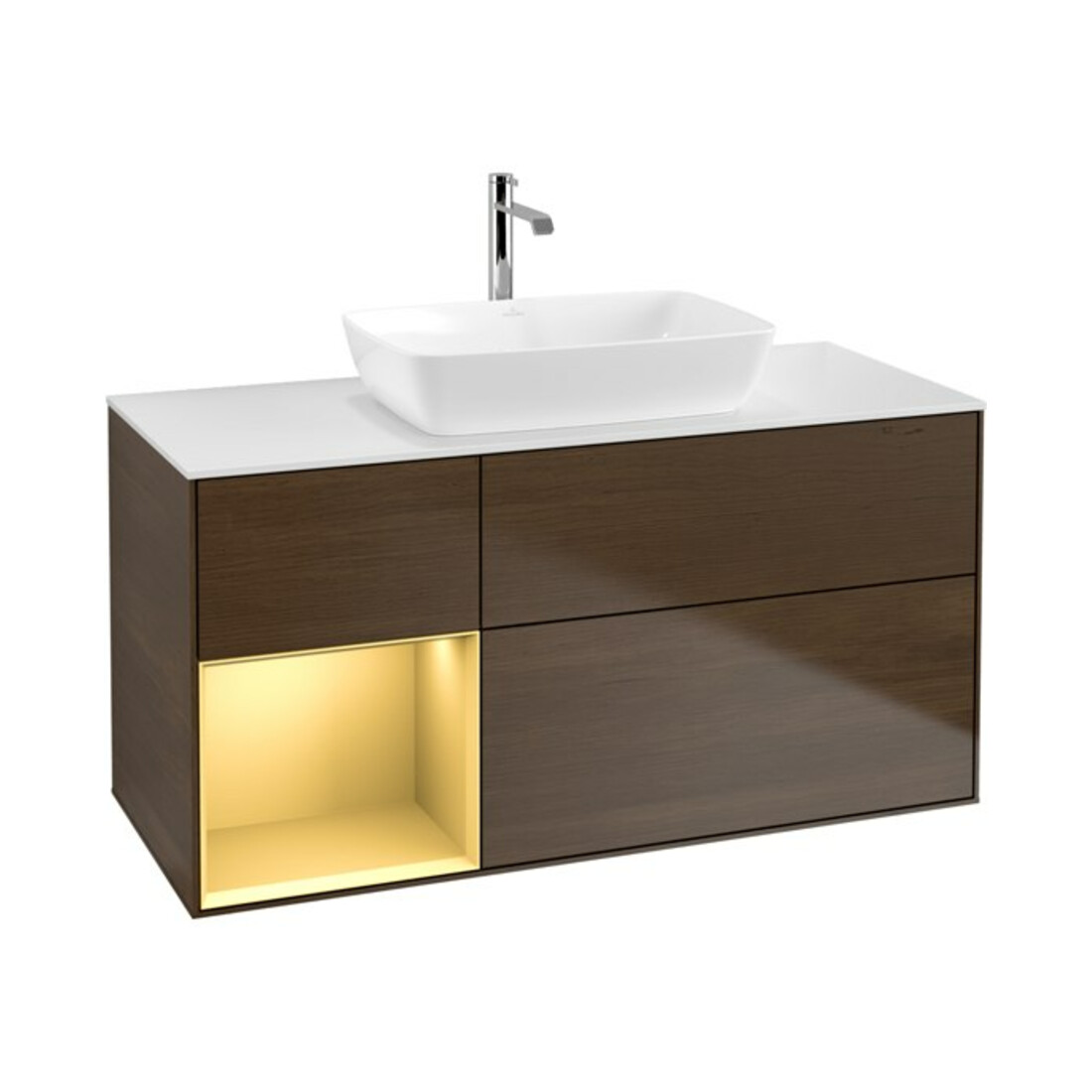 V&B Meuble sous lavabo Finion 120 cm, blanc mat, poignée or mat, noyer veinée