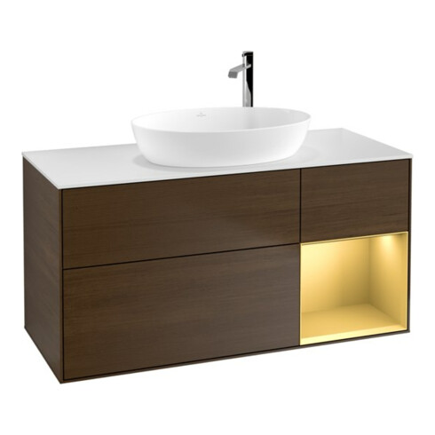V&B Meuble sous lavabo Finion 120 cm, blanc mat, poignée or mat, noyer veinée